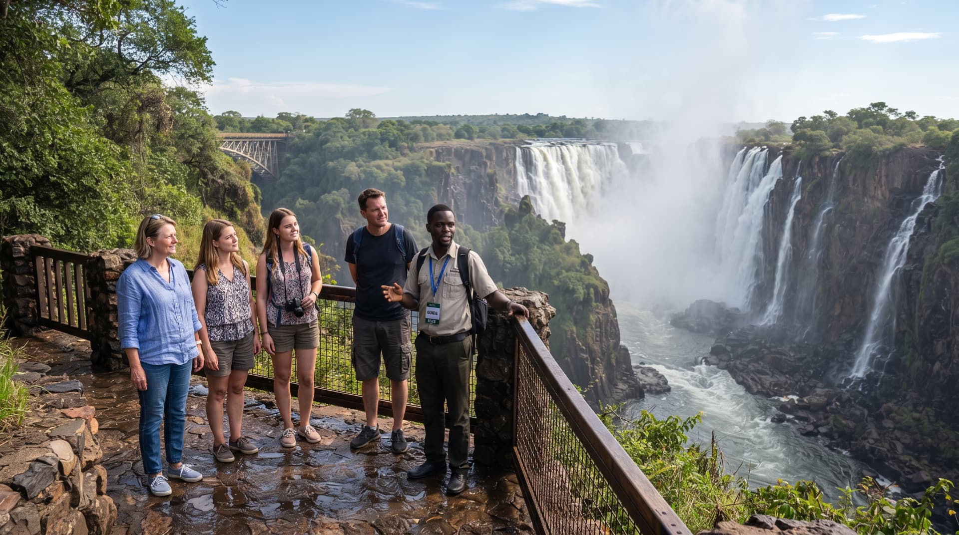 Guide leading a tour at a Victoria Falls viewpoint