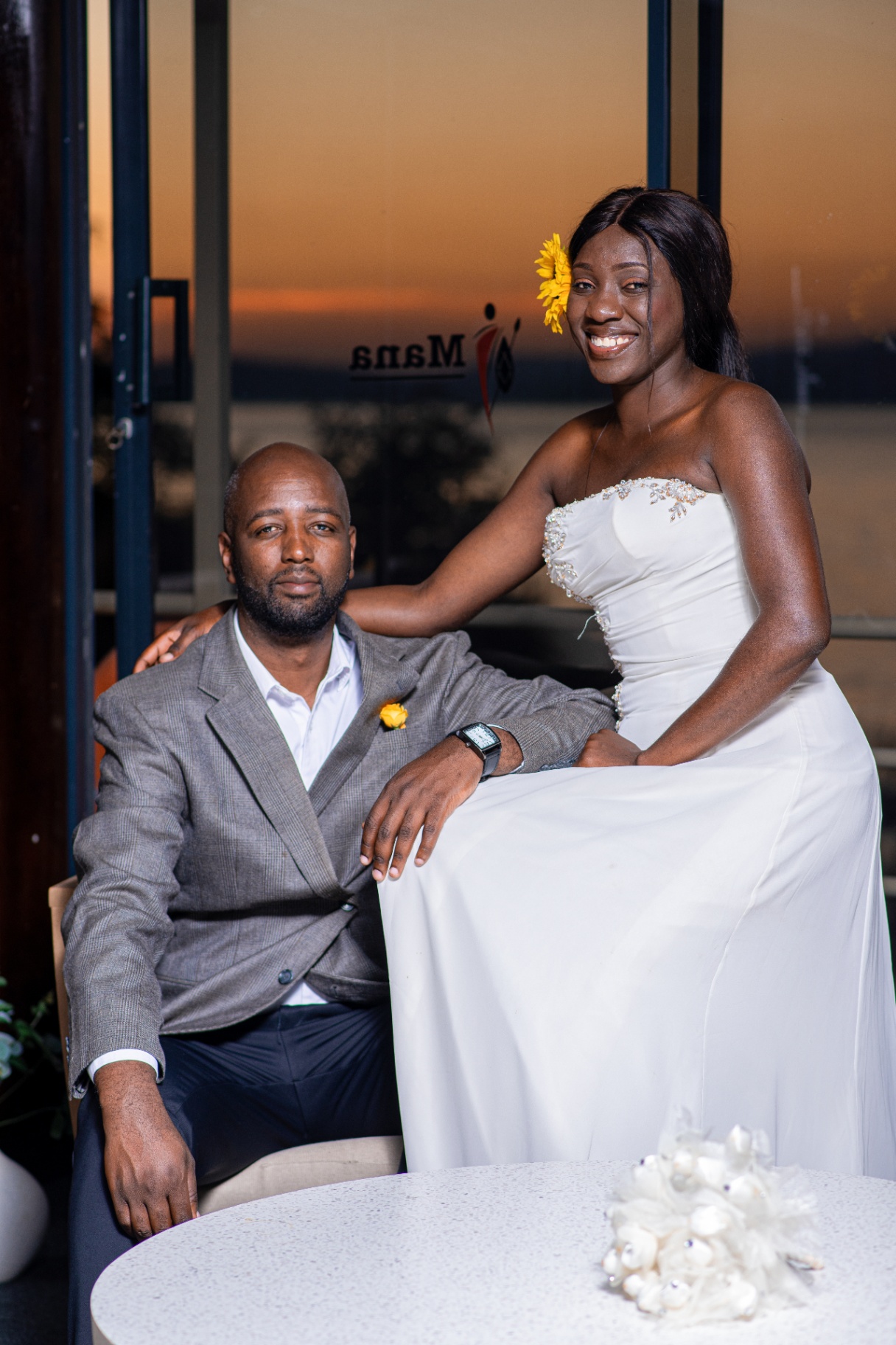 Newlywed couple at golden hour