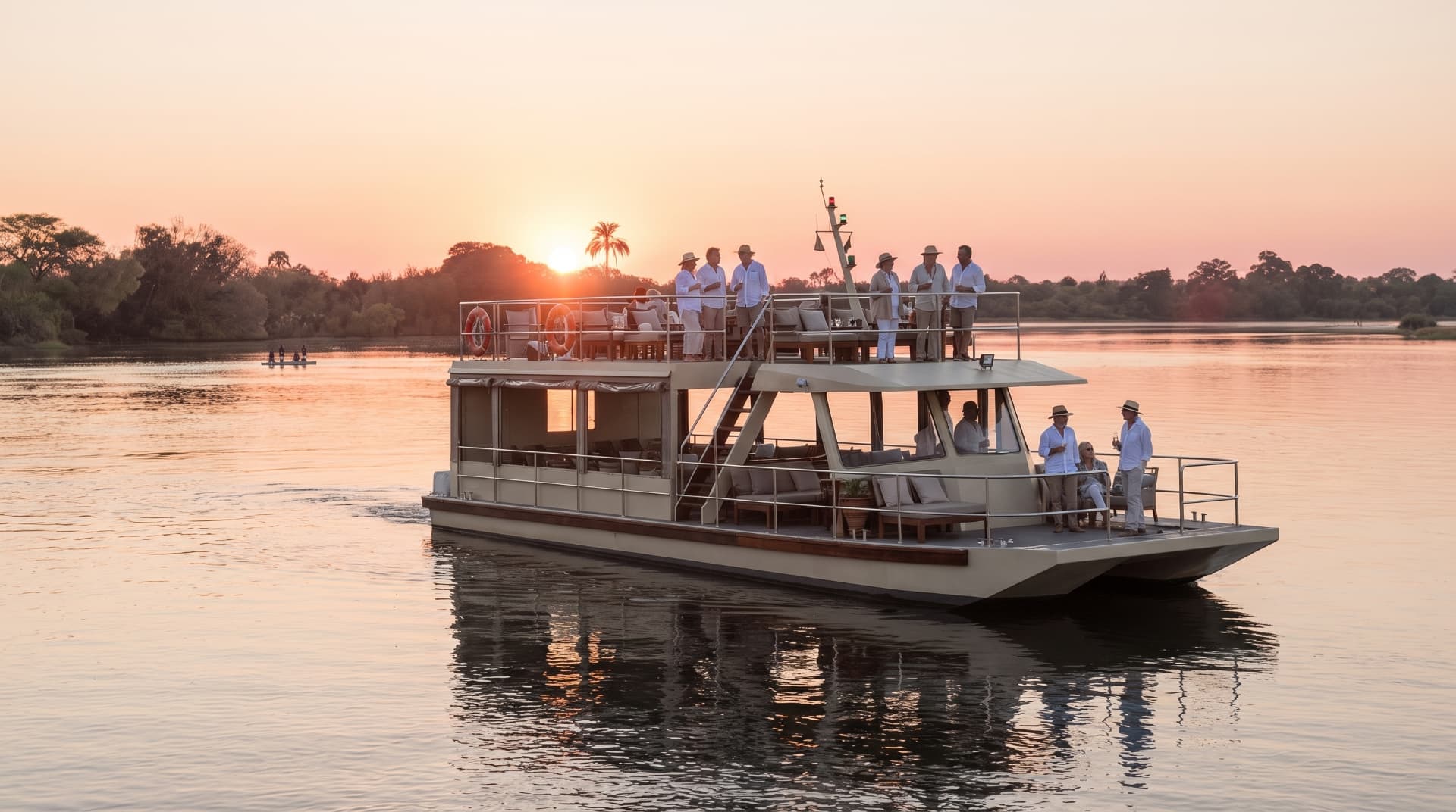 Cruise boat on the Zambezi River at golden hour