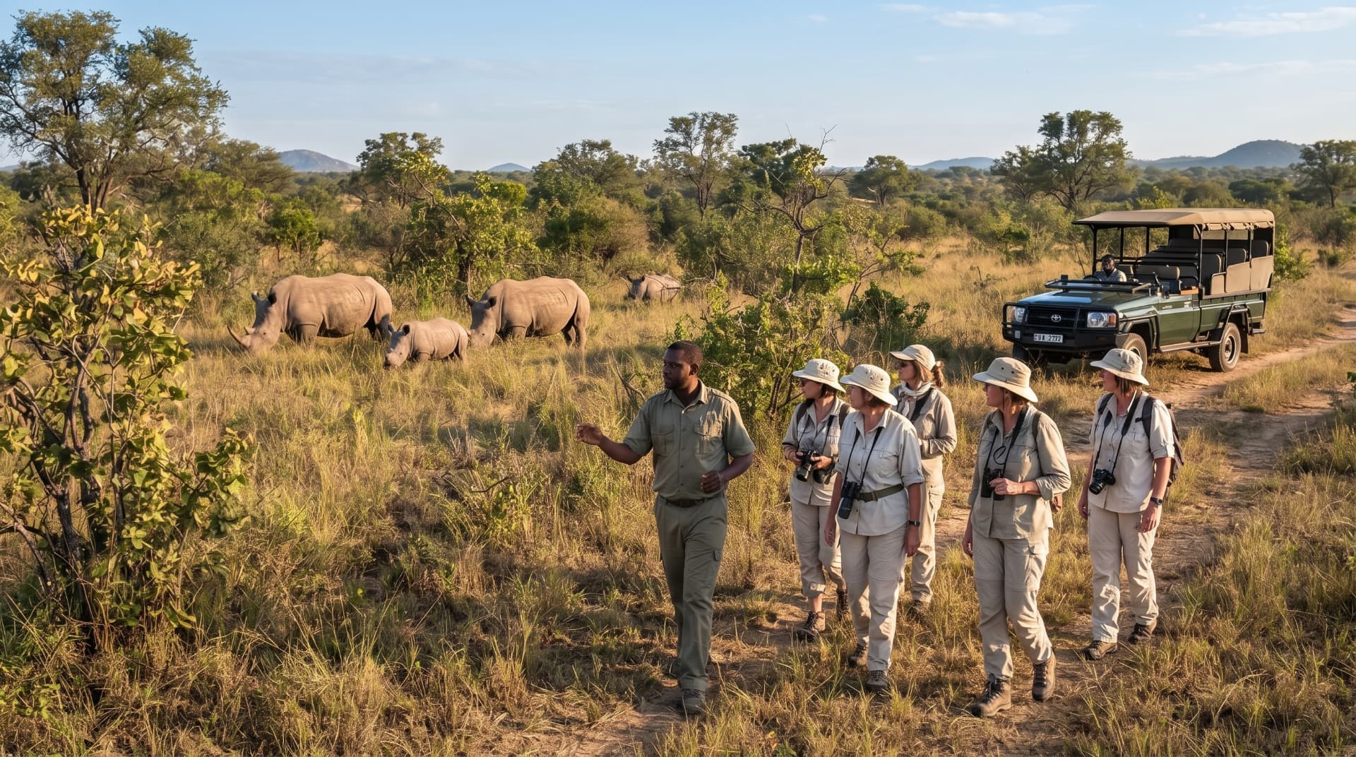 Walking safari with white rhinos