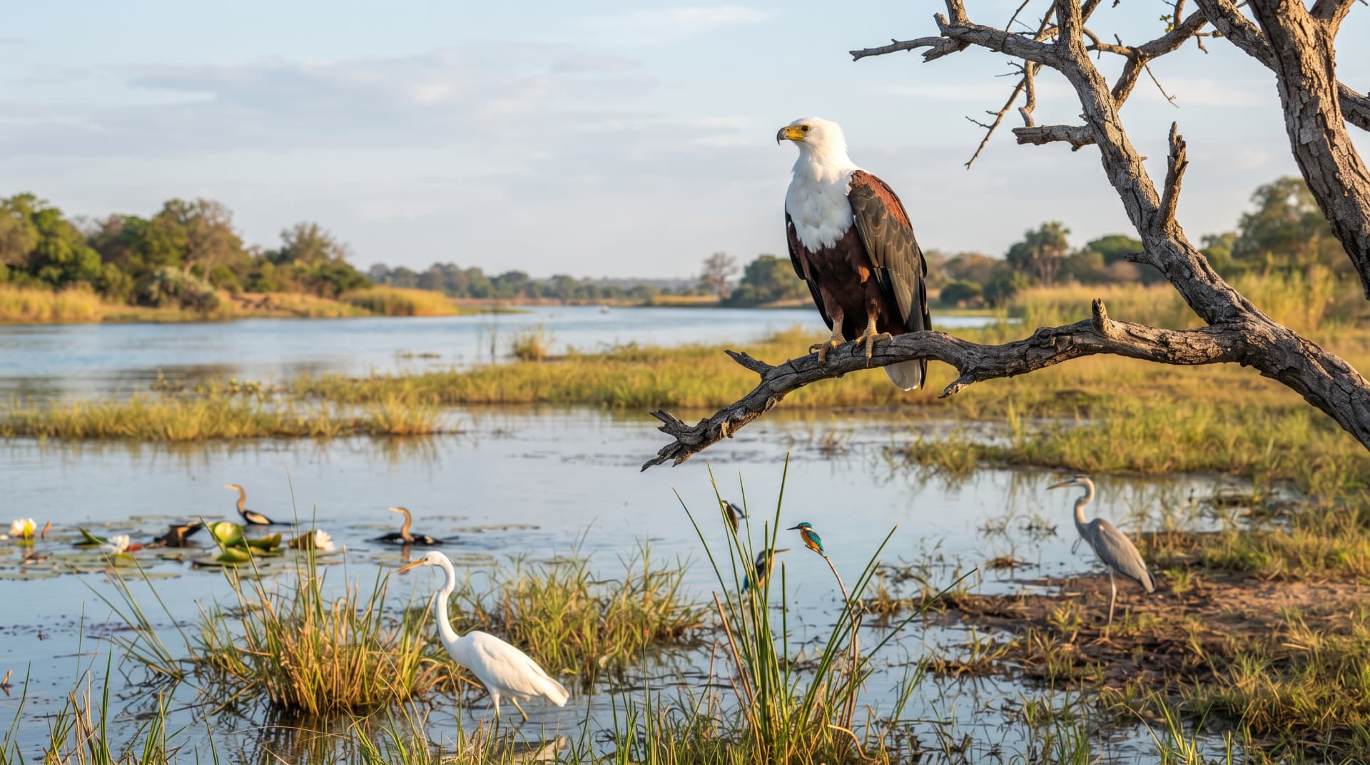 African fish eagle above the Zambezi wetlands