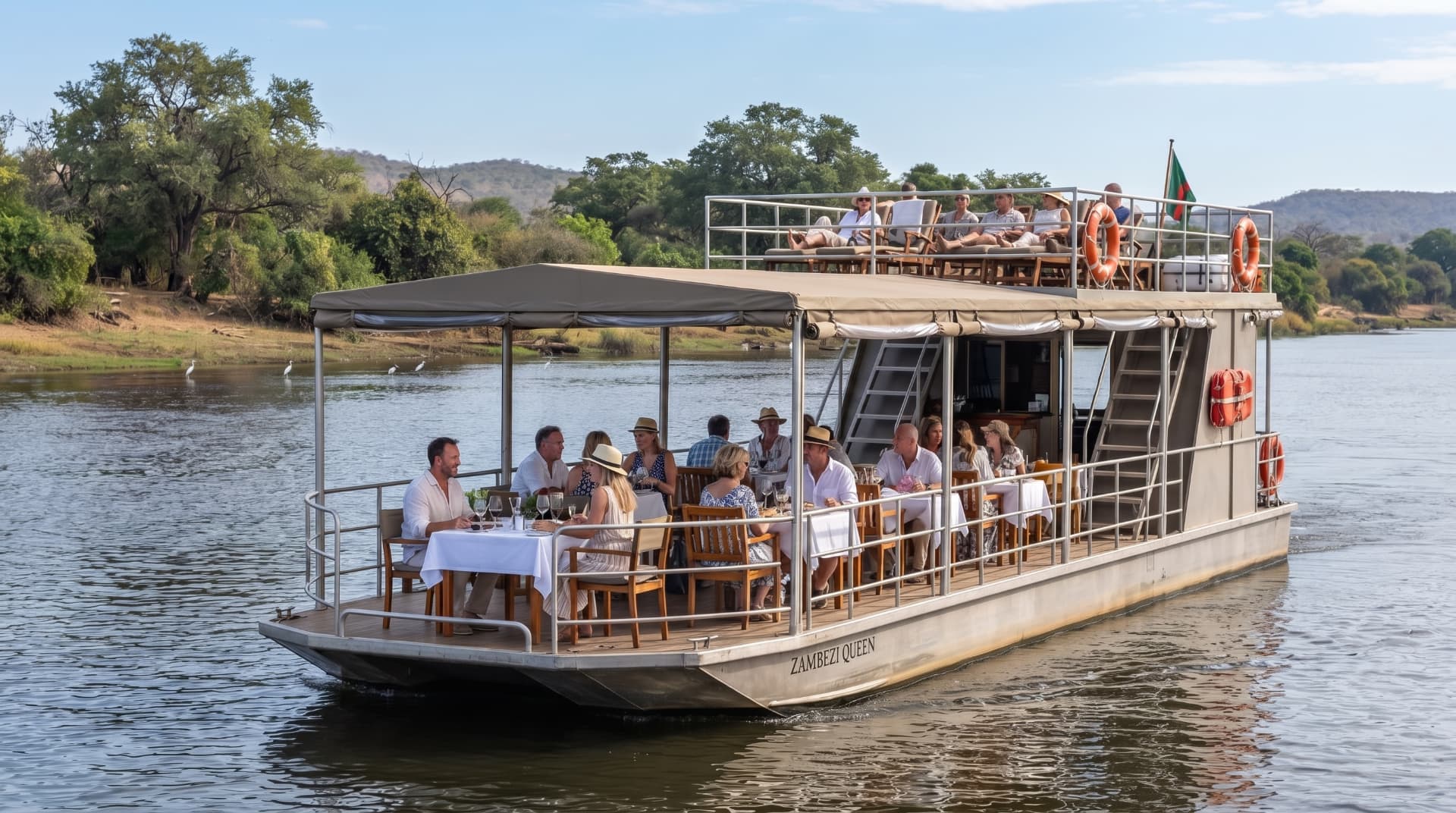 Dining on the deck of a premium Zambezi riverboat