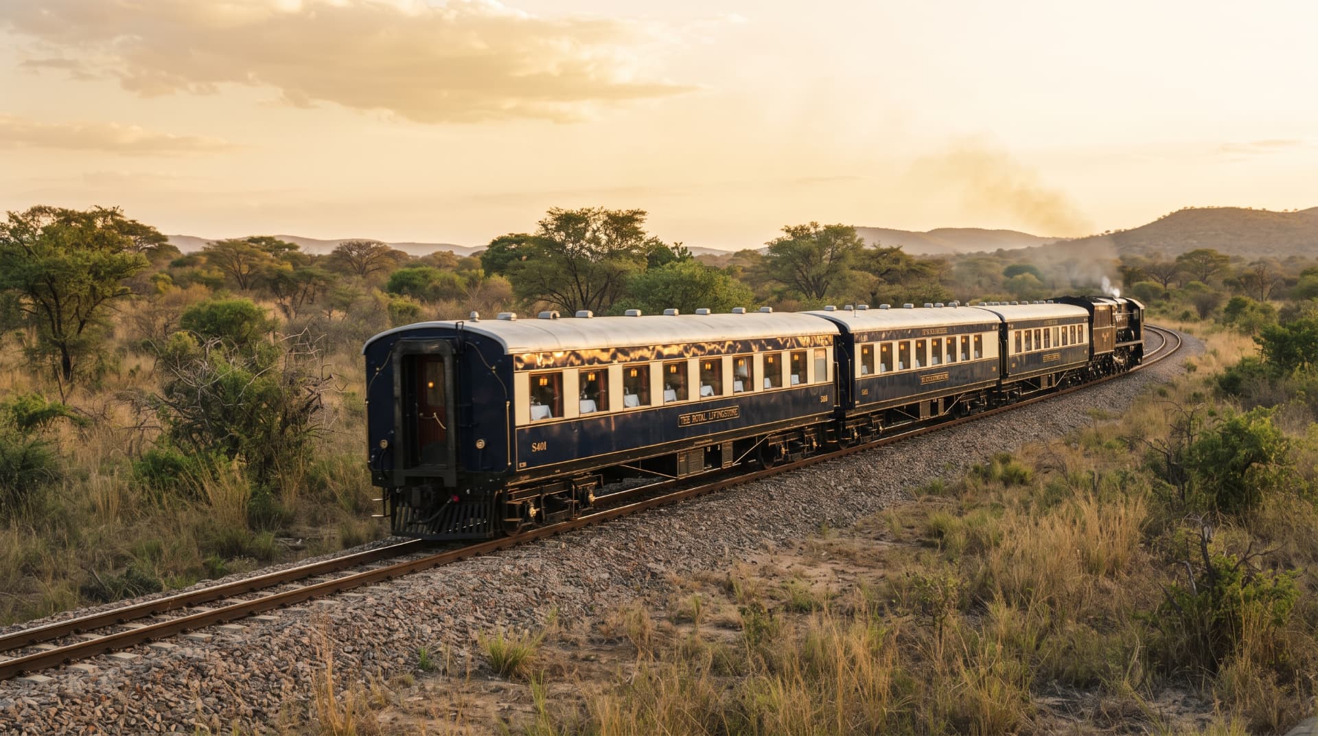The Royal Livingstone Express steam train at sunset